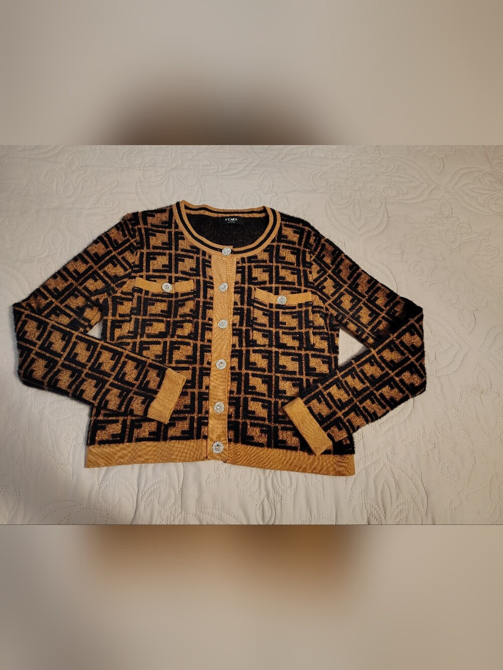 Fendi Black and Mustard Logo Knit Cardigan